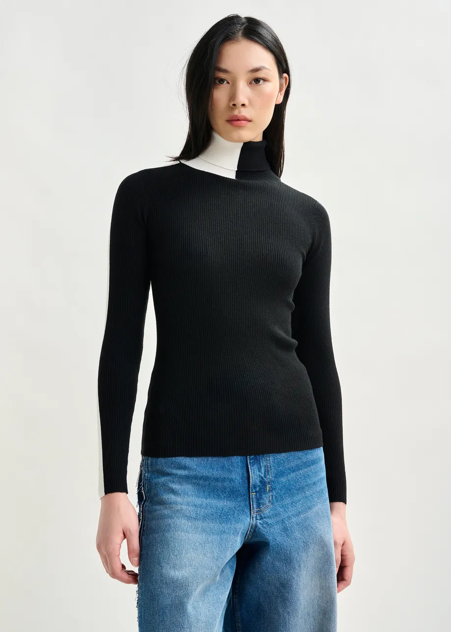 Pull à col roulé brun foncé et bleu