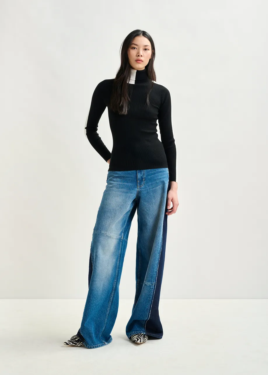Pull à col roulé brun foncé et bleu