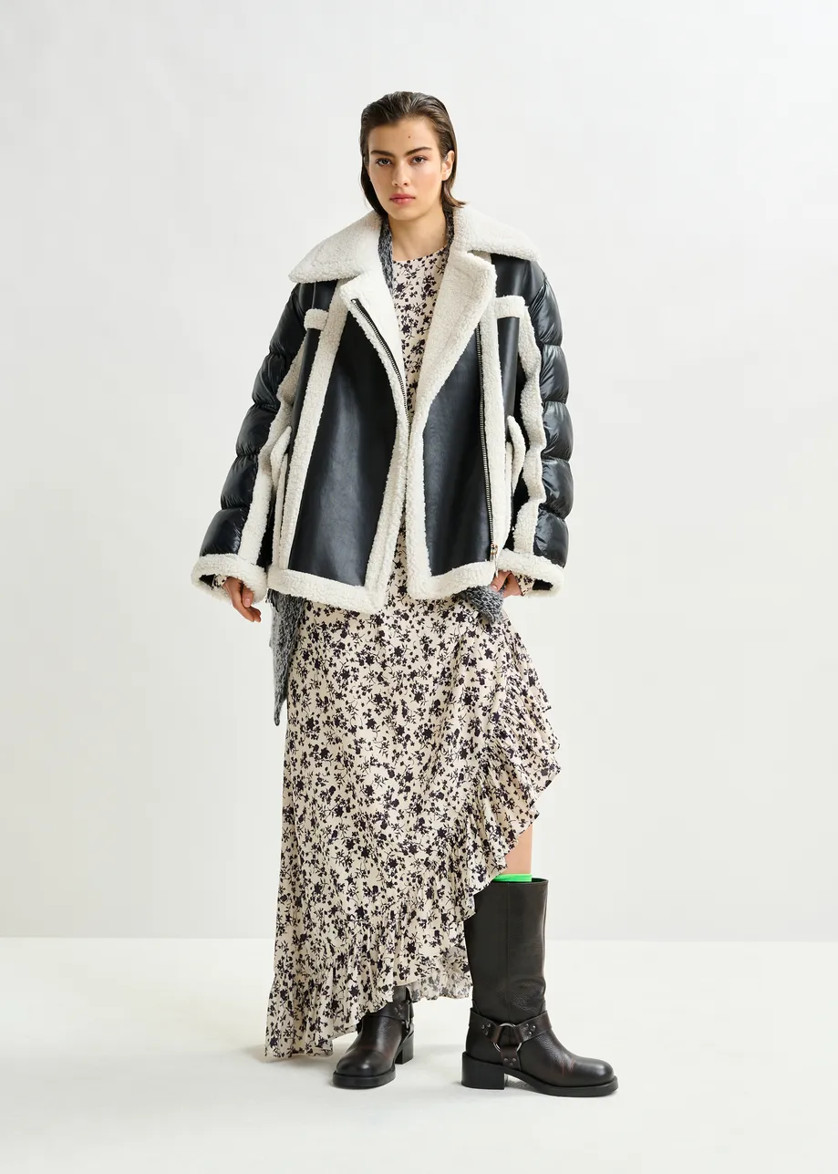 Black and white faux shearling and puffer jacket