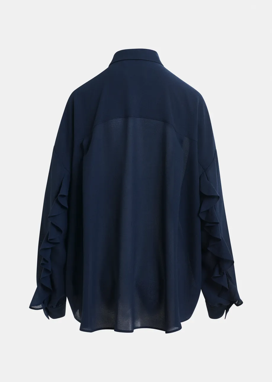 Navy ruffle-sleeve shirt