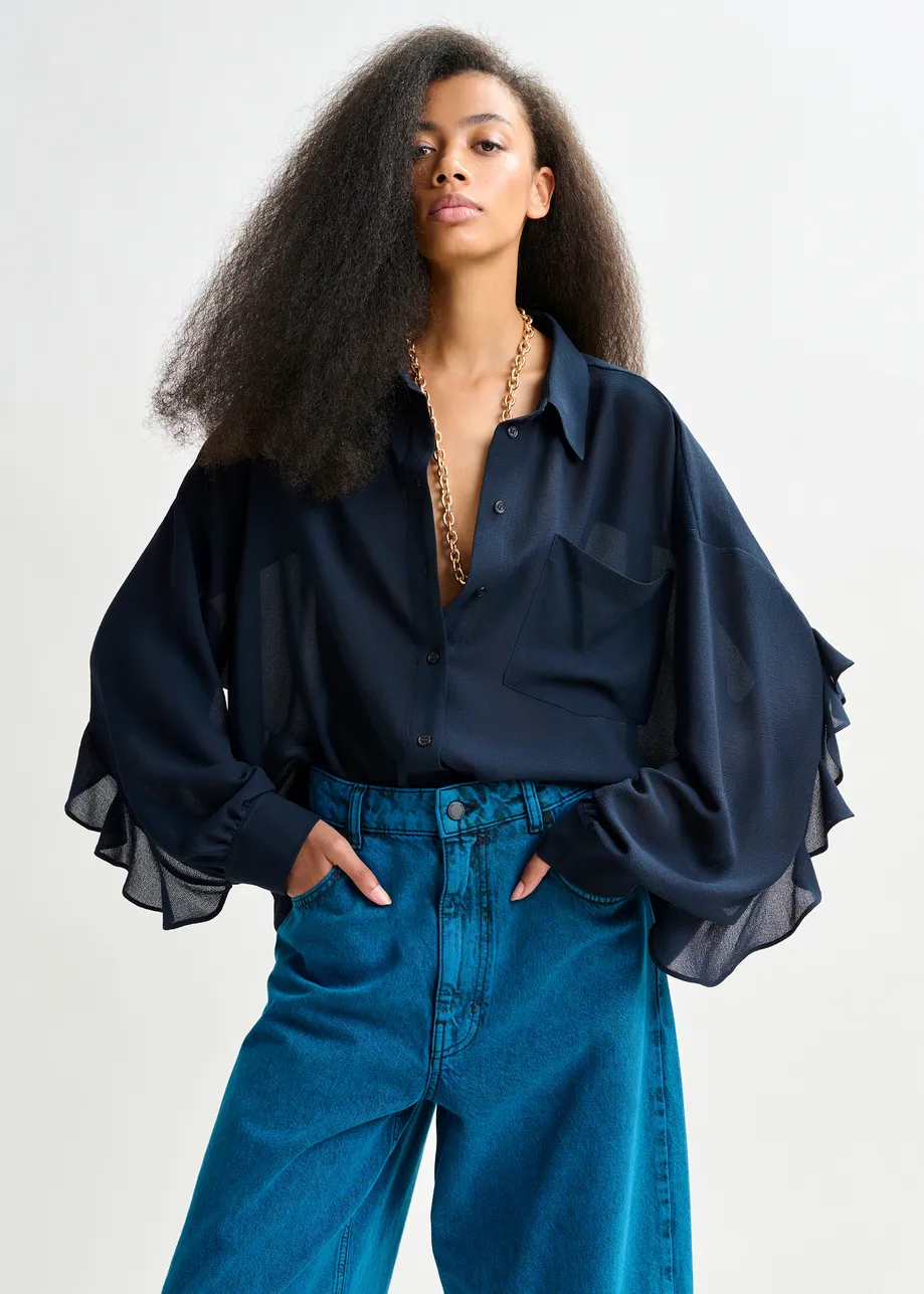Navy ruffle-sleeve shirt