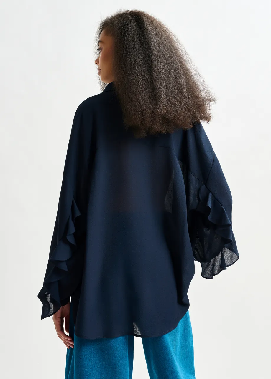 Navy ruffle-sleeve shirt