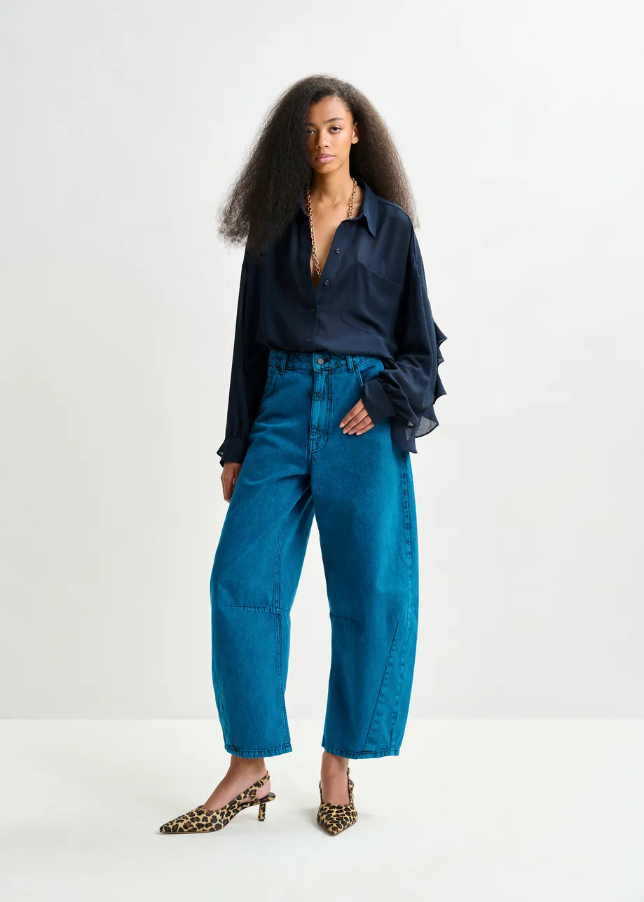 Navy ruffle-sleeve shirt