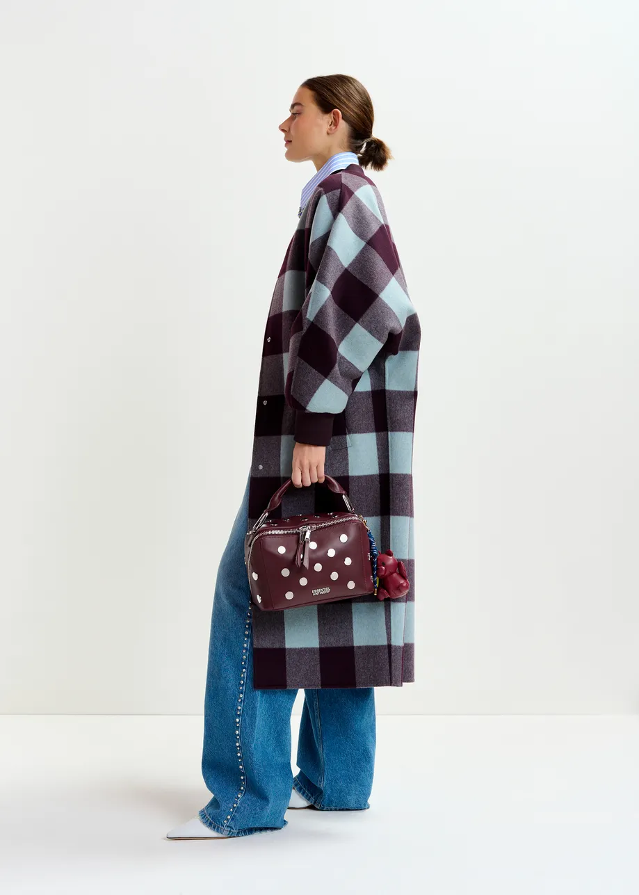 Deep burgundy and blue wool check coat
