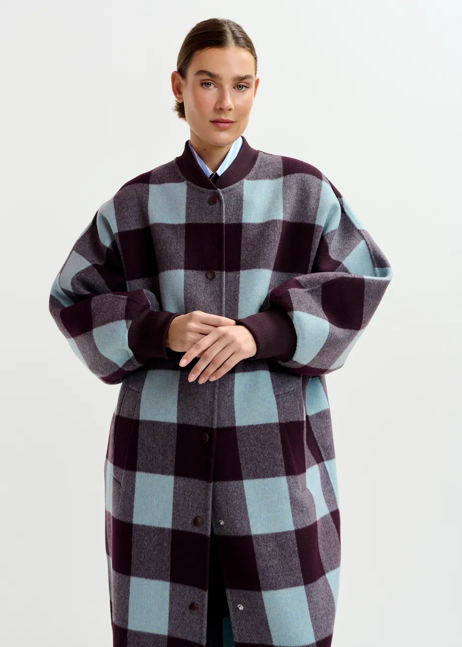 Deep burgundy and blue wool check coat