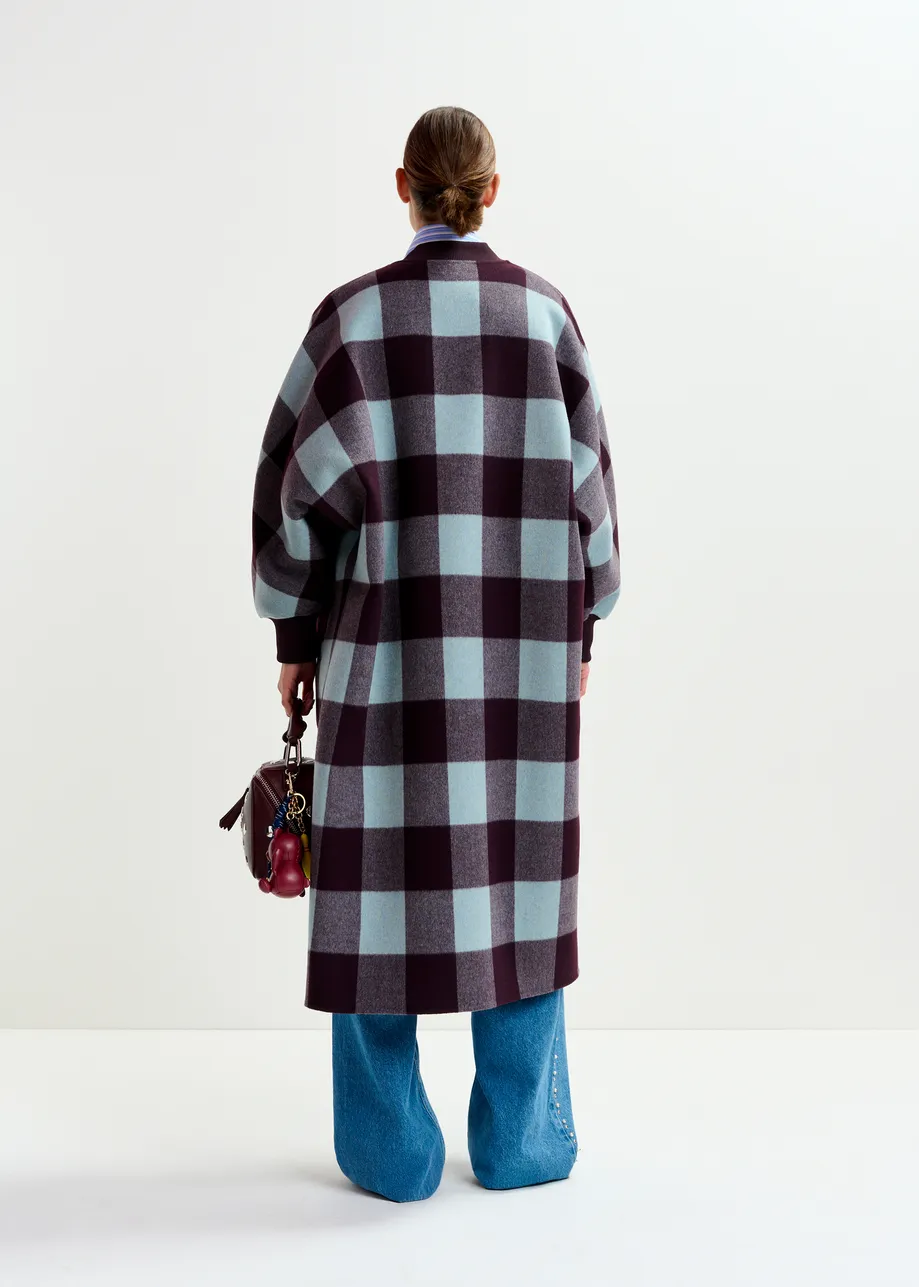 Deep burgundy and blue wool check coat