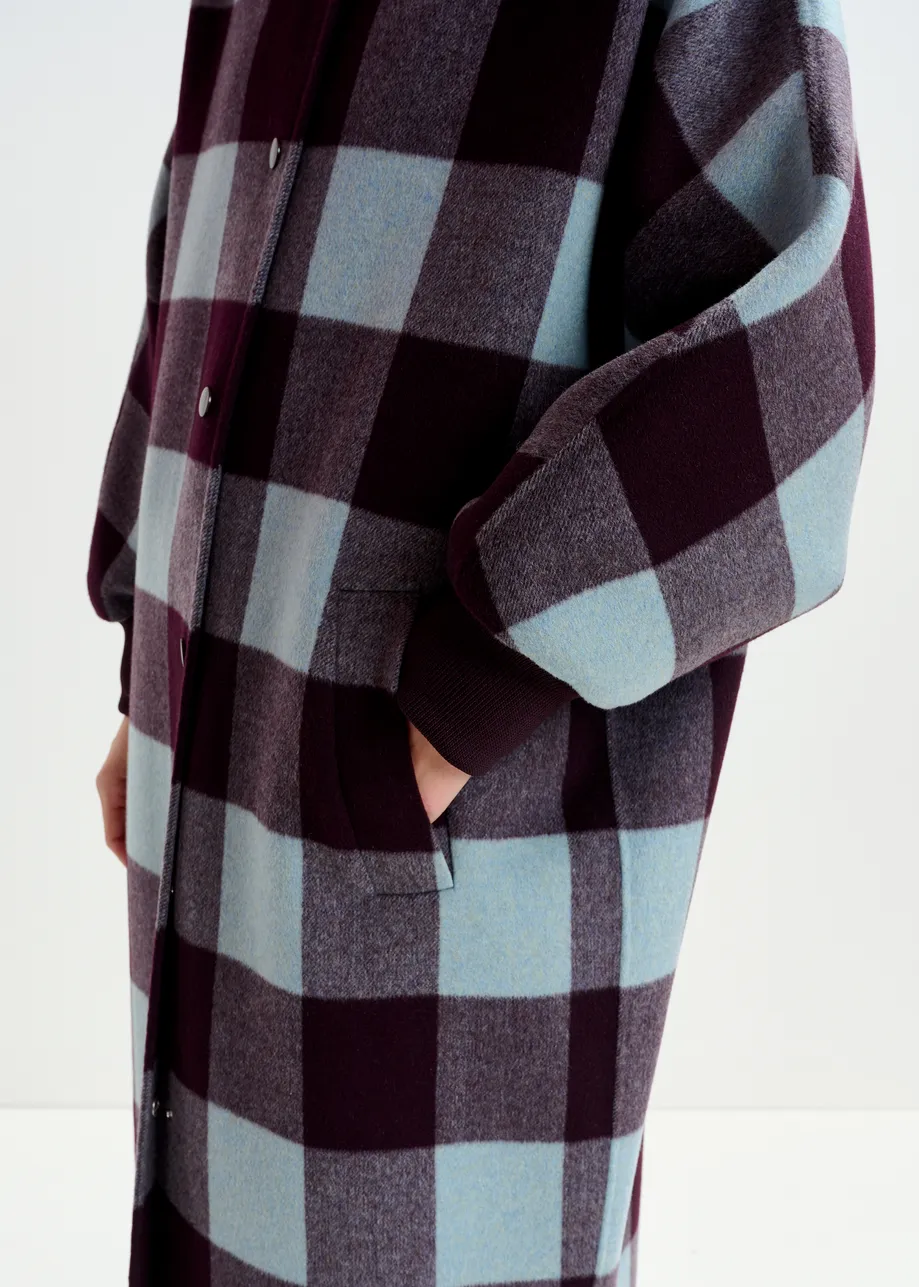Deep burgundy and blue wool check coat