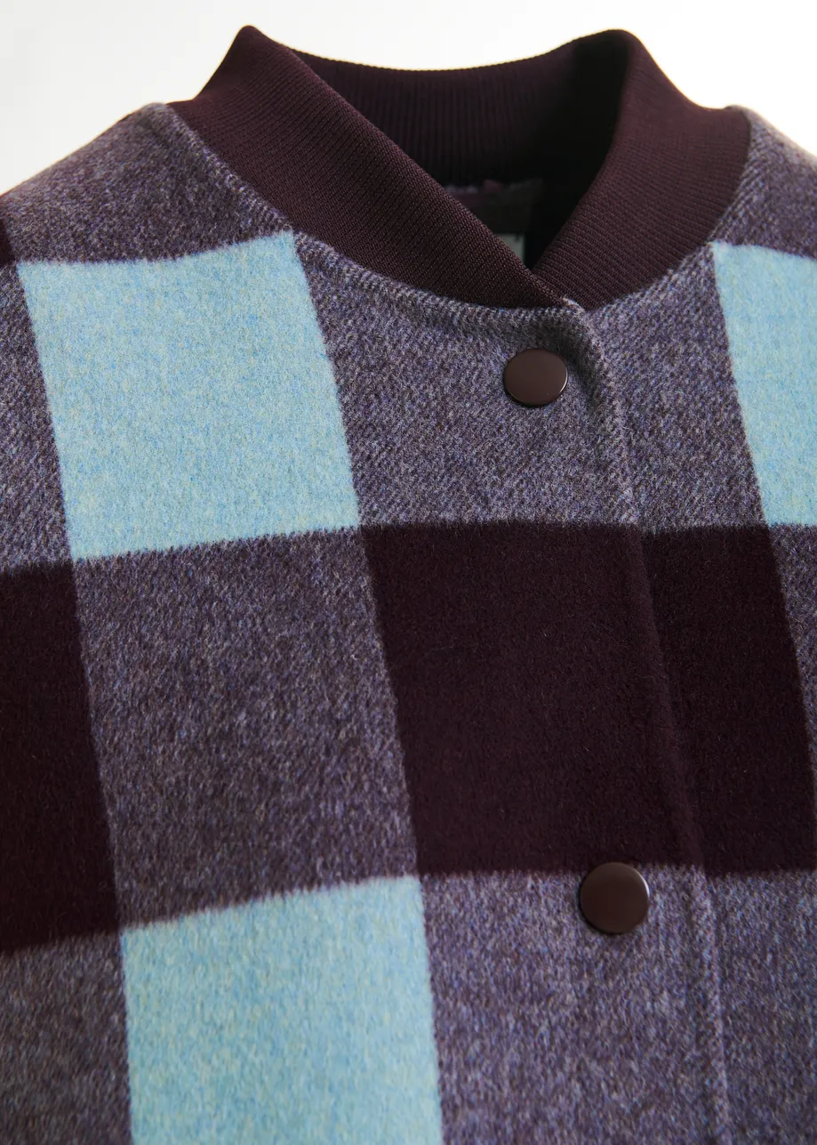 Deep burgundy and blue wool check coat