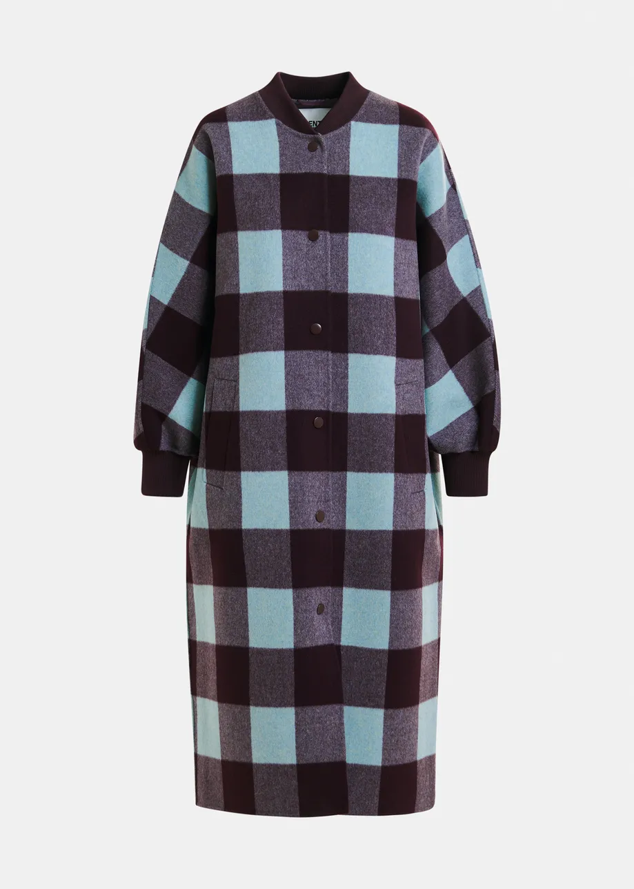 Deep burgundy and blue wool check coat