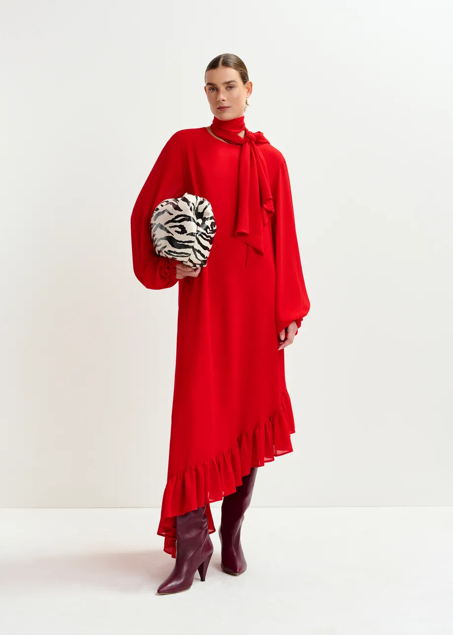 Red asymmetrical ruffle-hem maxi dress with pussy-bow tie