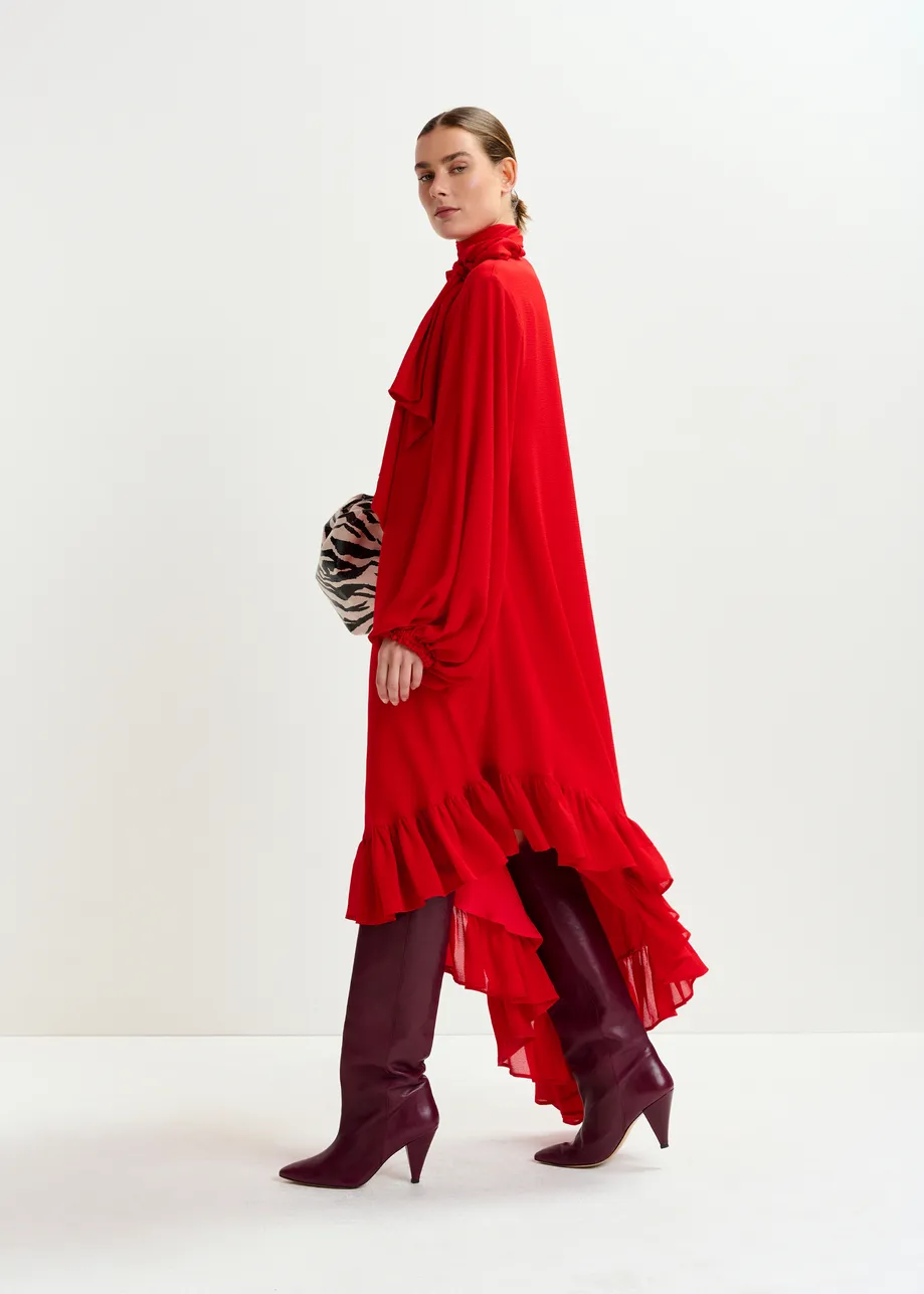 Red asymmetrical ruffle-hem maxi dress with pussy-bow tie