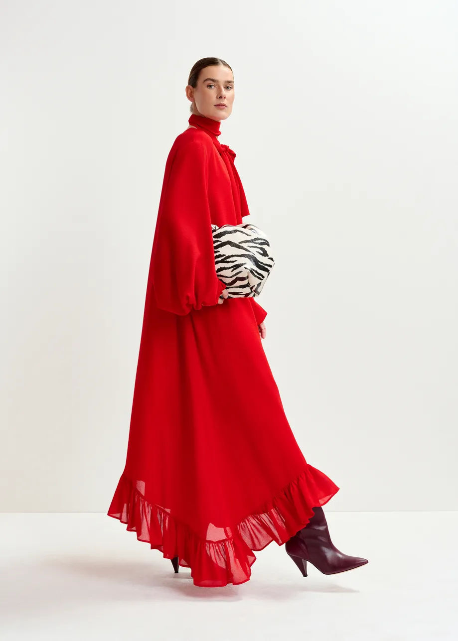 Red asymmetrical ruffle-hem maxi dress with pussy-bow tie