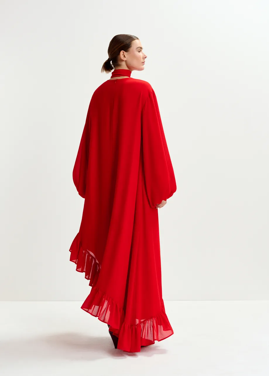 Red asymmetrical ruffle-hem maxi dress with pussy-bow tie
