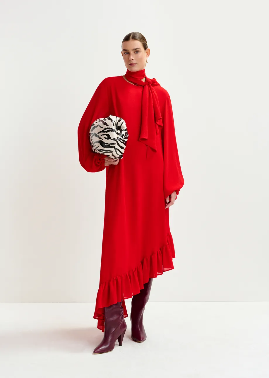 Red asymmetrical ruffle-hem maxi dress with pussy-bow tie