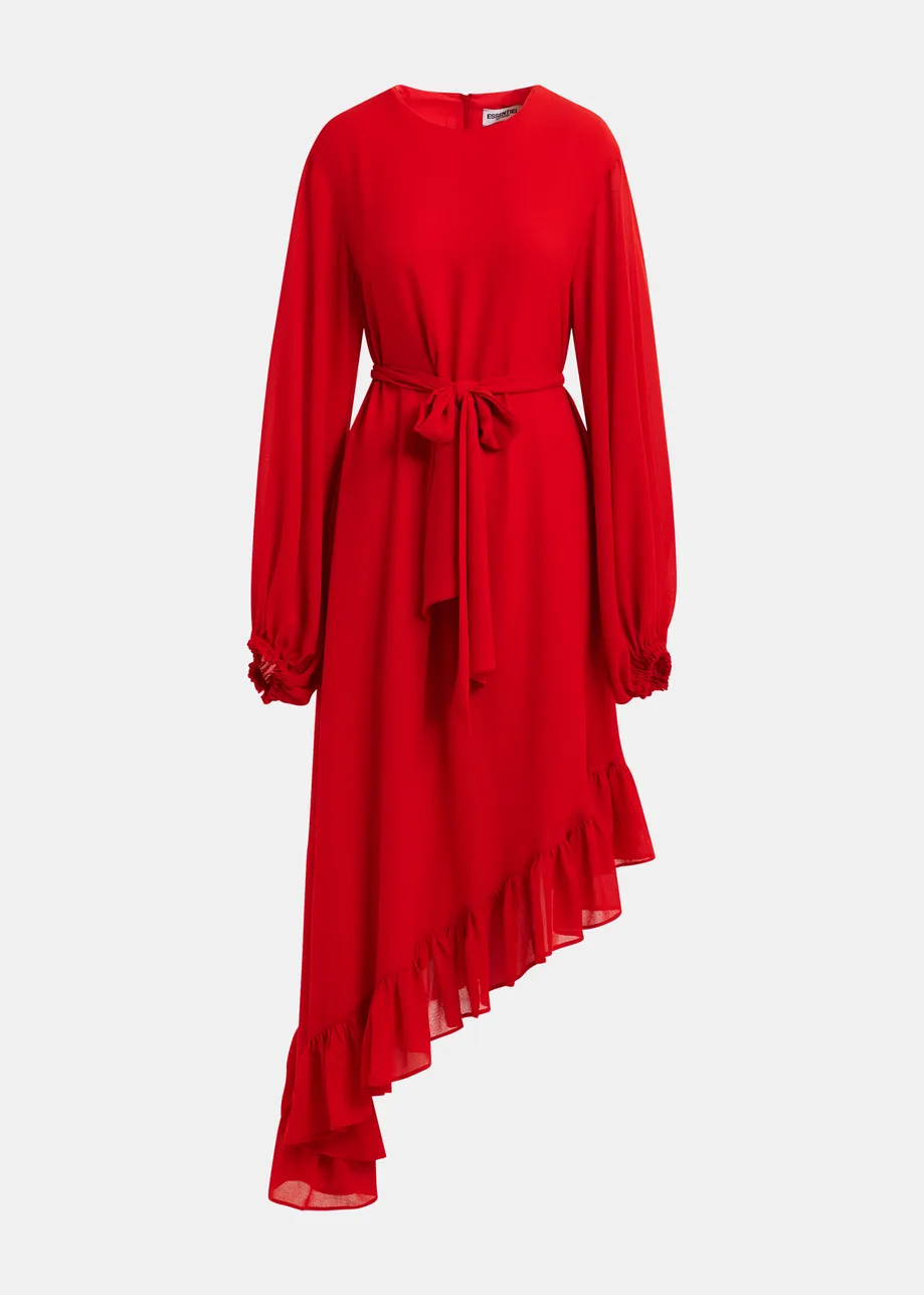 Red asymmetrical ruffle-hem maxi dress with pussy-bow tie