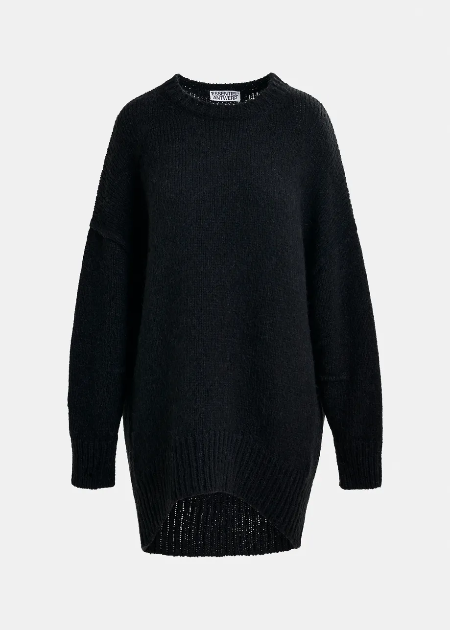 Black knit mini dress with ruffle detail
