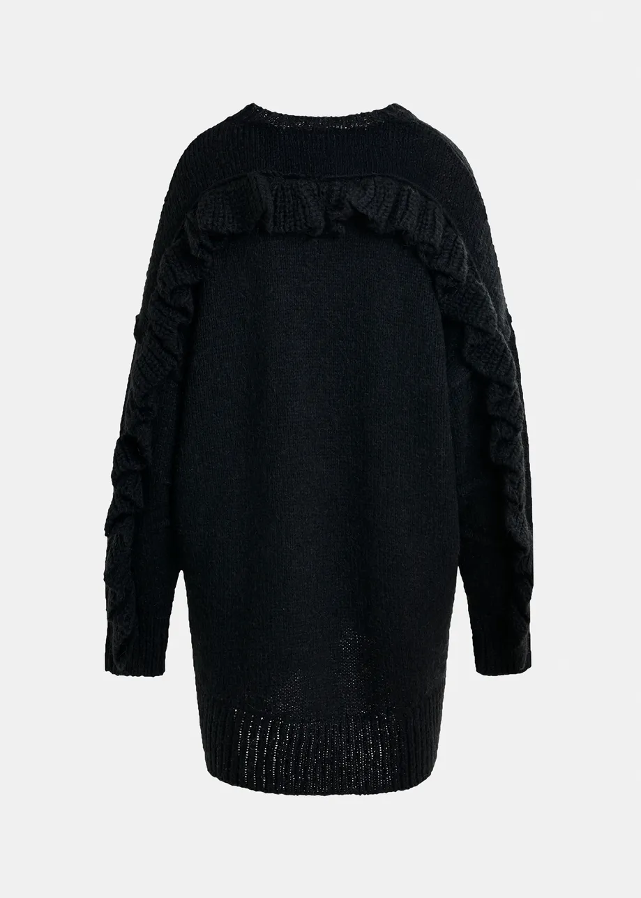 Black knit mini dress with ruffle detail