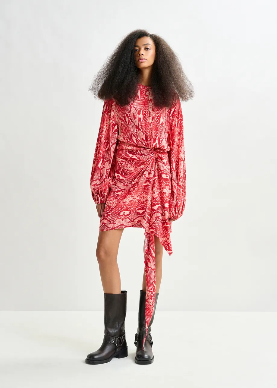 Red and orange gathered mini dress with draped skirt