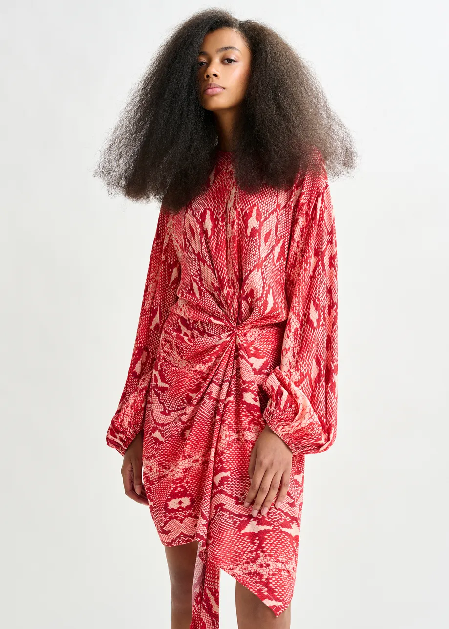Red and orange gathered mini dress with draped skirt