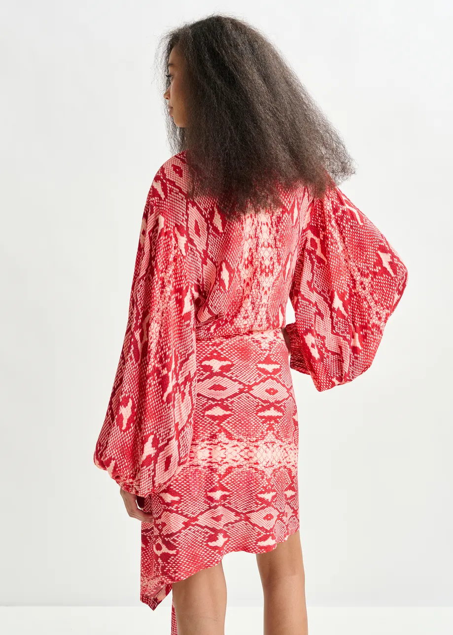 Red and orange gathered mini dress with draped skirt
