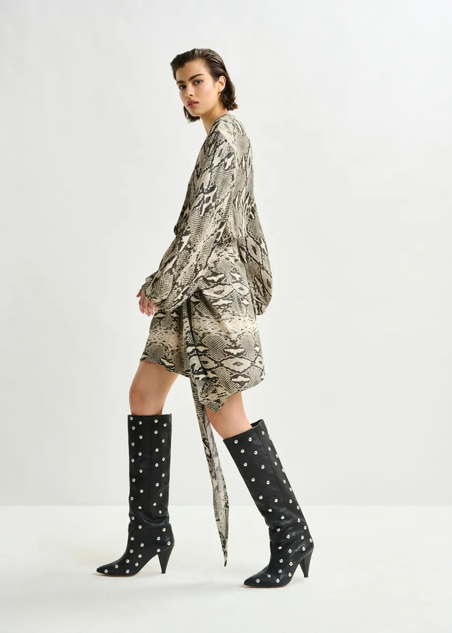 Green, beige and black gathered mini dress with draped skirt