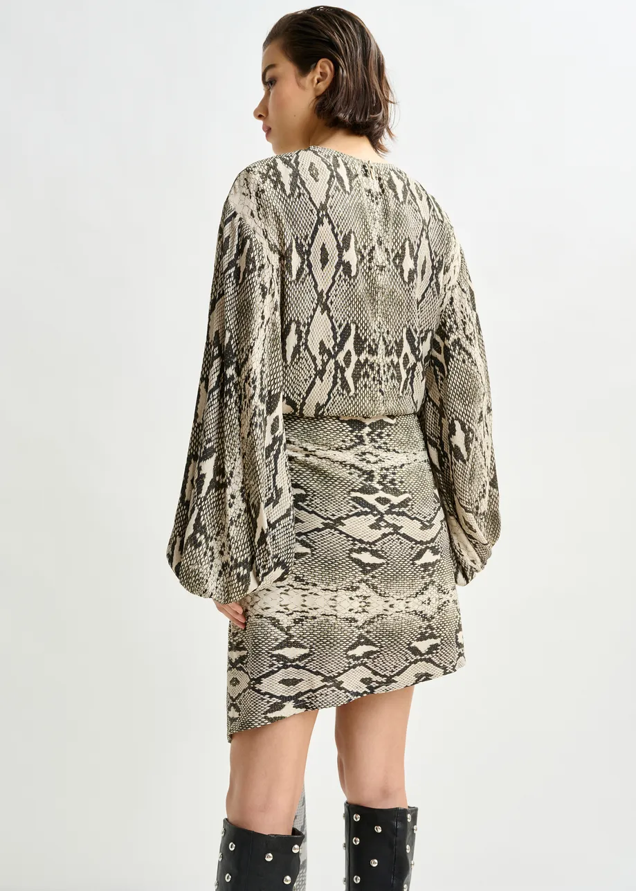 Green, beige and black gathered mini dress with draped skirt