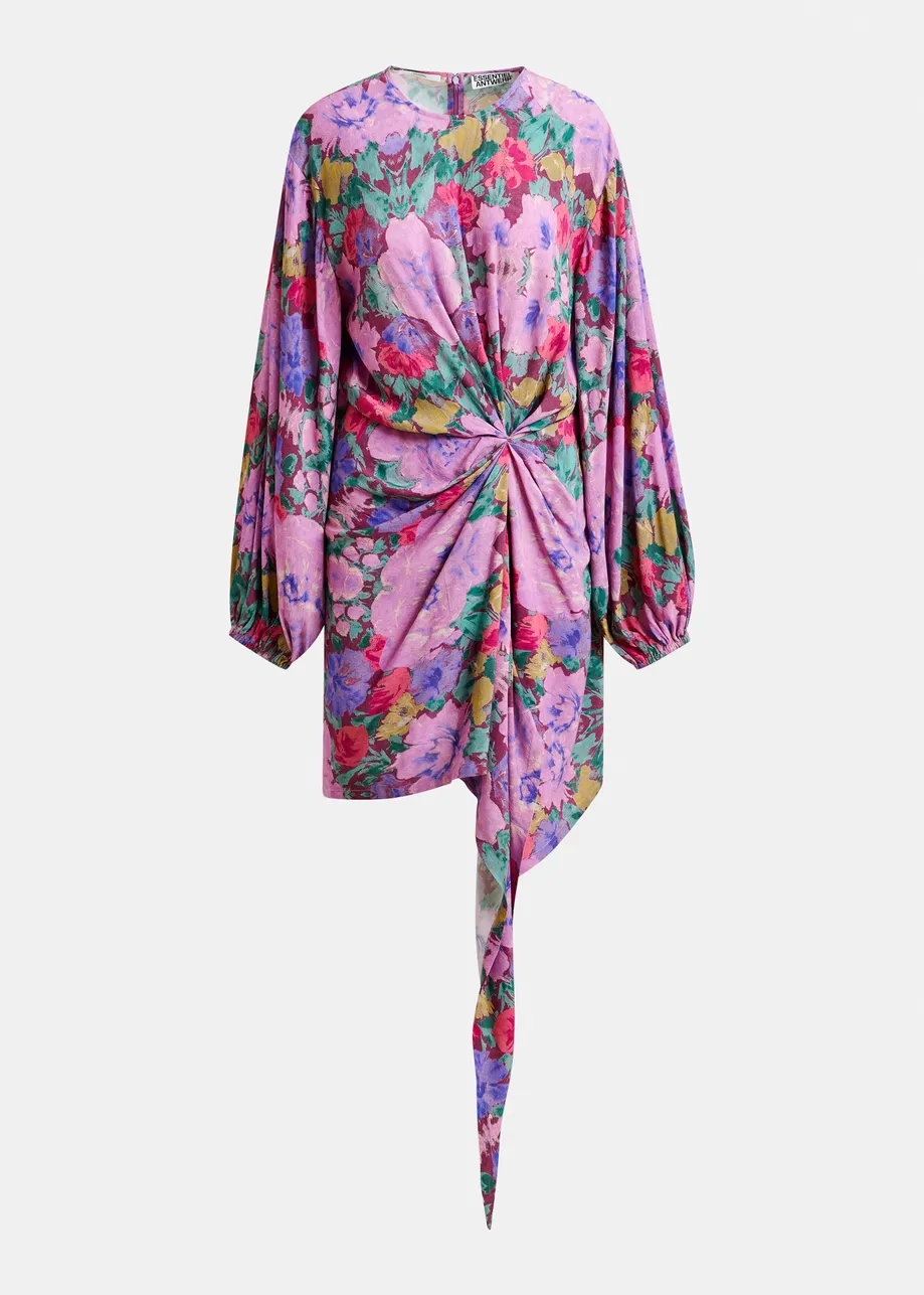 Purple and multicolor gathered mini dress with draped skirt