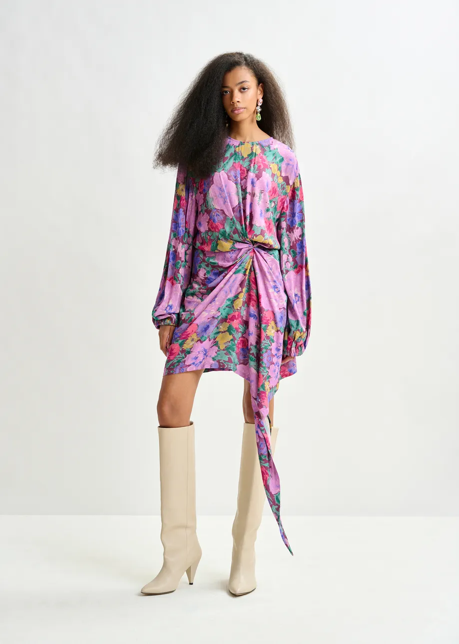 Purple and multicolor gathered mini dress with draped skirt