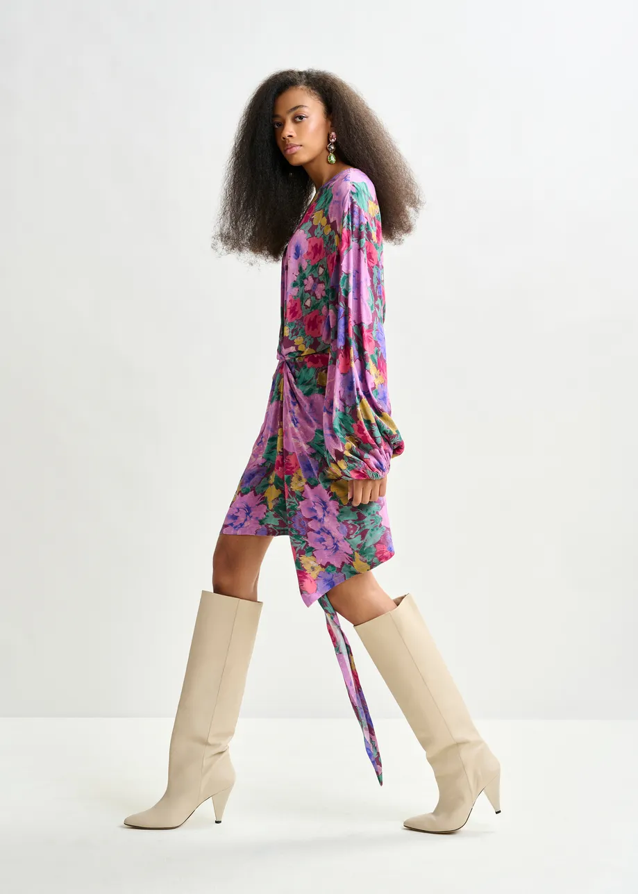 Purple and multicolor gathered mini dress with draped skirt