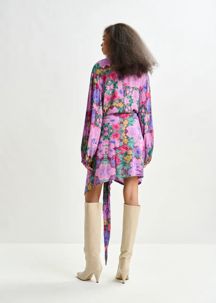 Purple and multicolor gathered mini dress with draped skirt