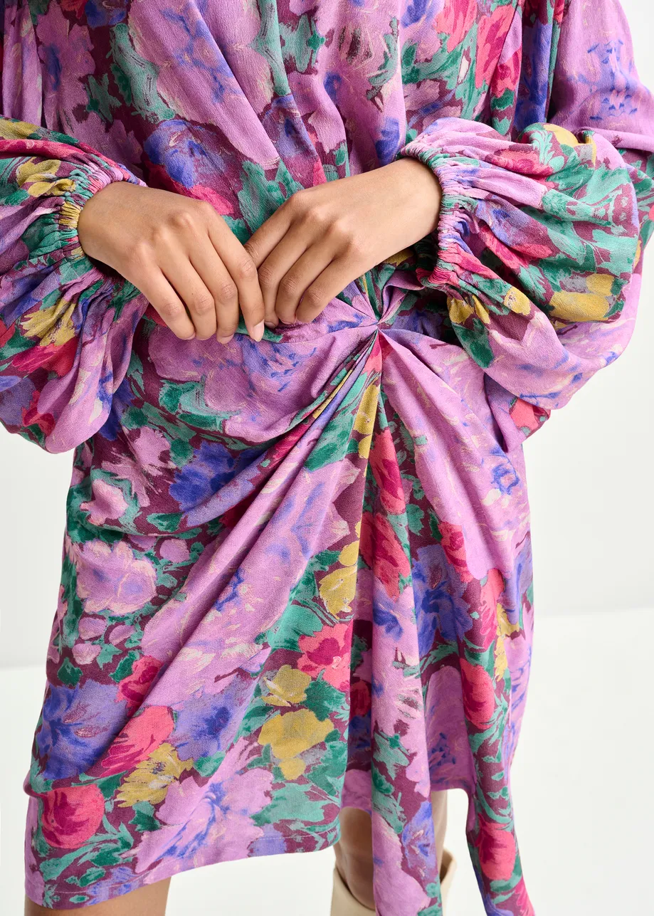 Purple and multicolor gathered mini dress with draped skirt