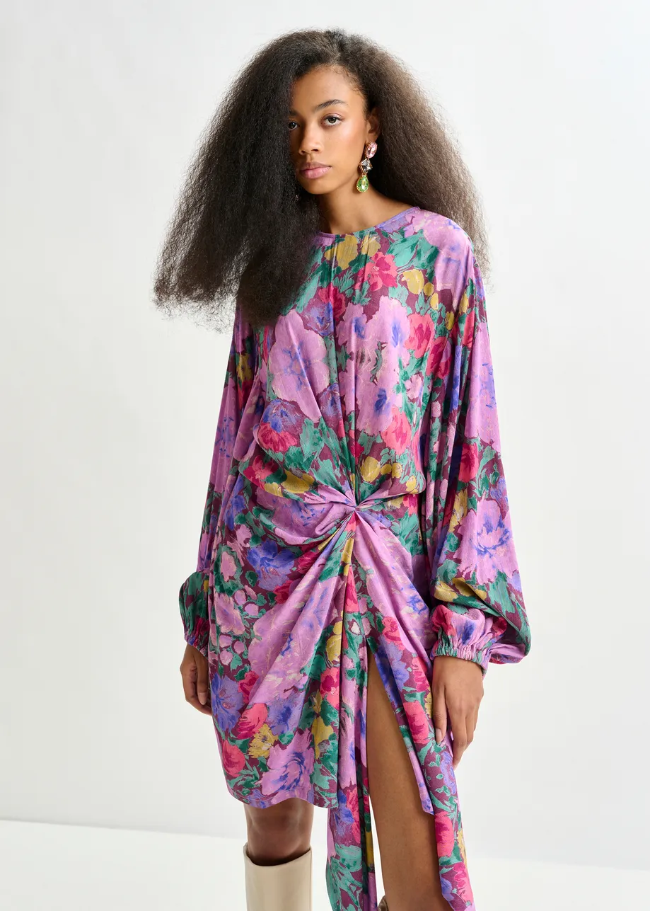 Purple and multicolor gathered mini dress with draped skirt