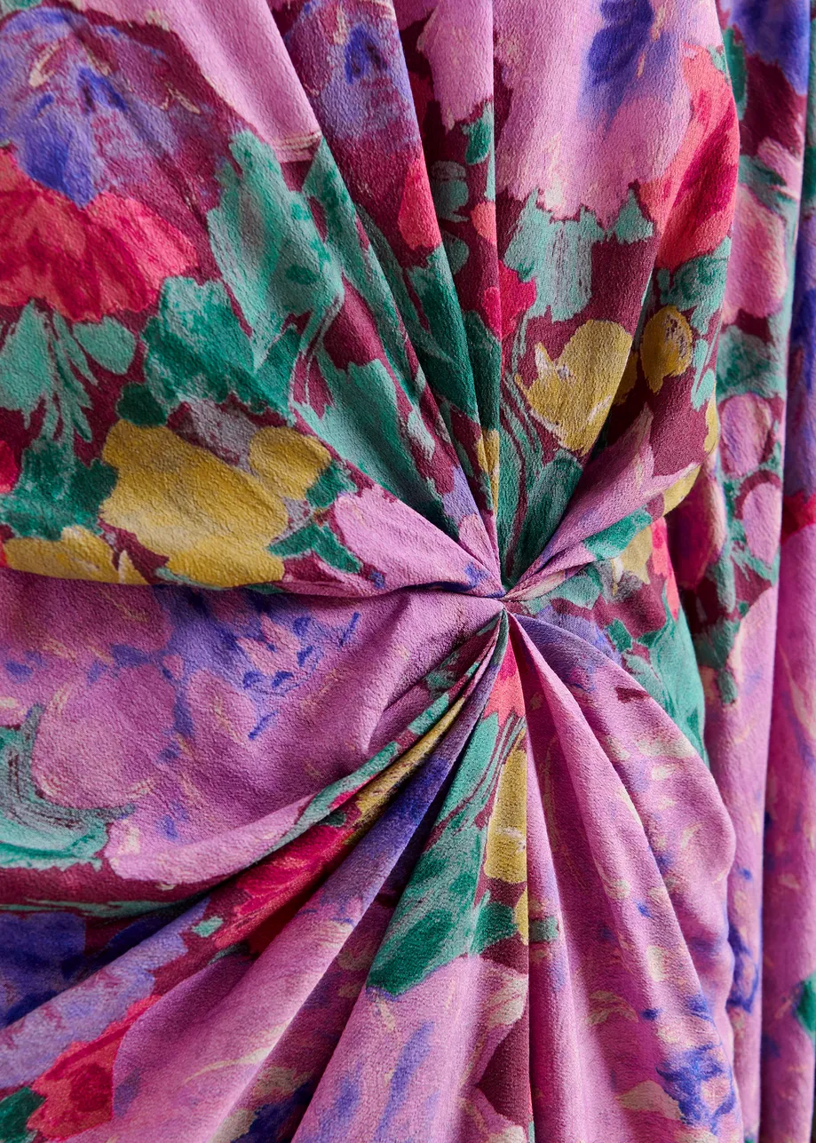 Purple and multicolor gathered mini dress with draped skirt