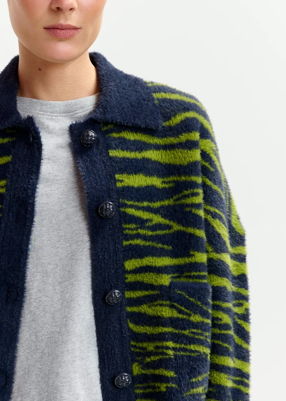 Dark blue and green zebra-print cardigan
