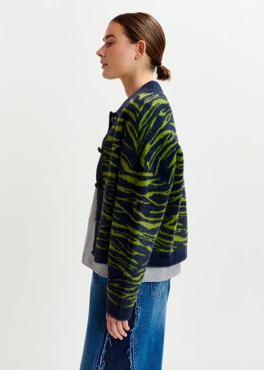 Dark blue and green zebra-print cardigan