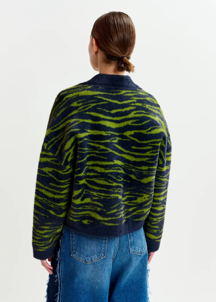 Dark blue and green zebra-print cardigan