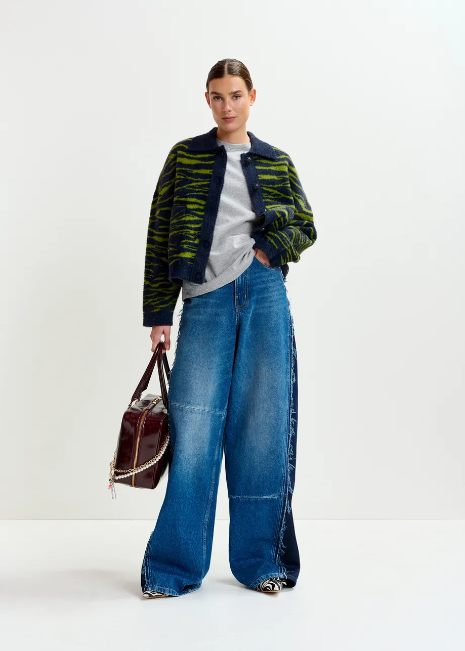Dark blue and green zebra-print cardigan
