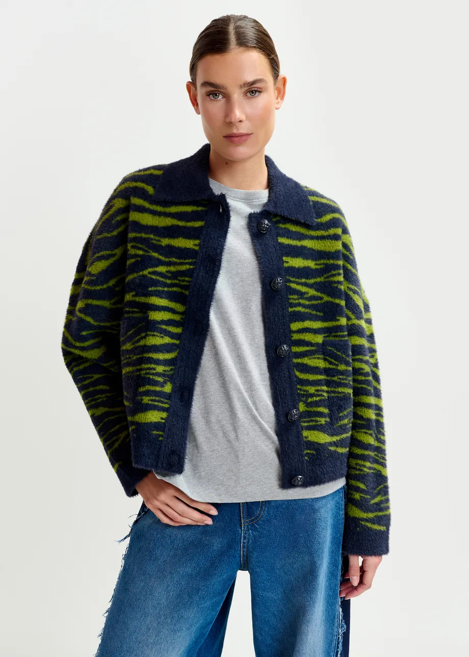 Cardigan mit Zebra-Print in Dunkelblau und Grün