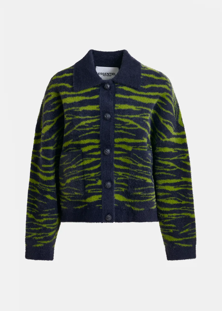 Dark blue and green zebra-print cardigan
