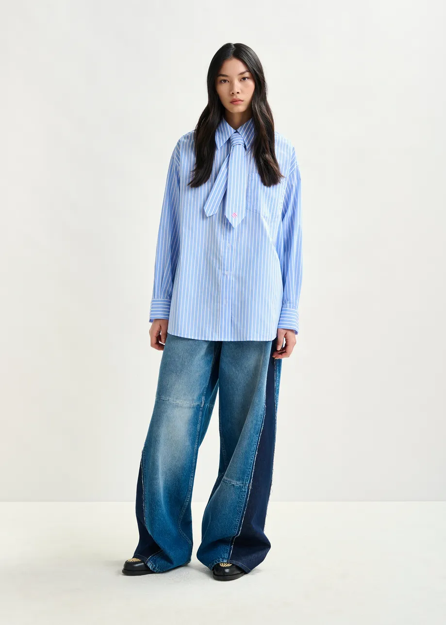 Blue and white striped shirt with removable tie