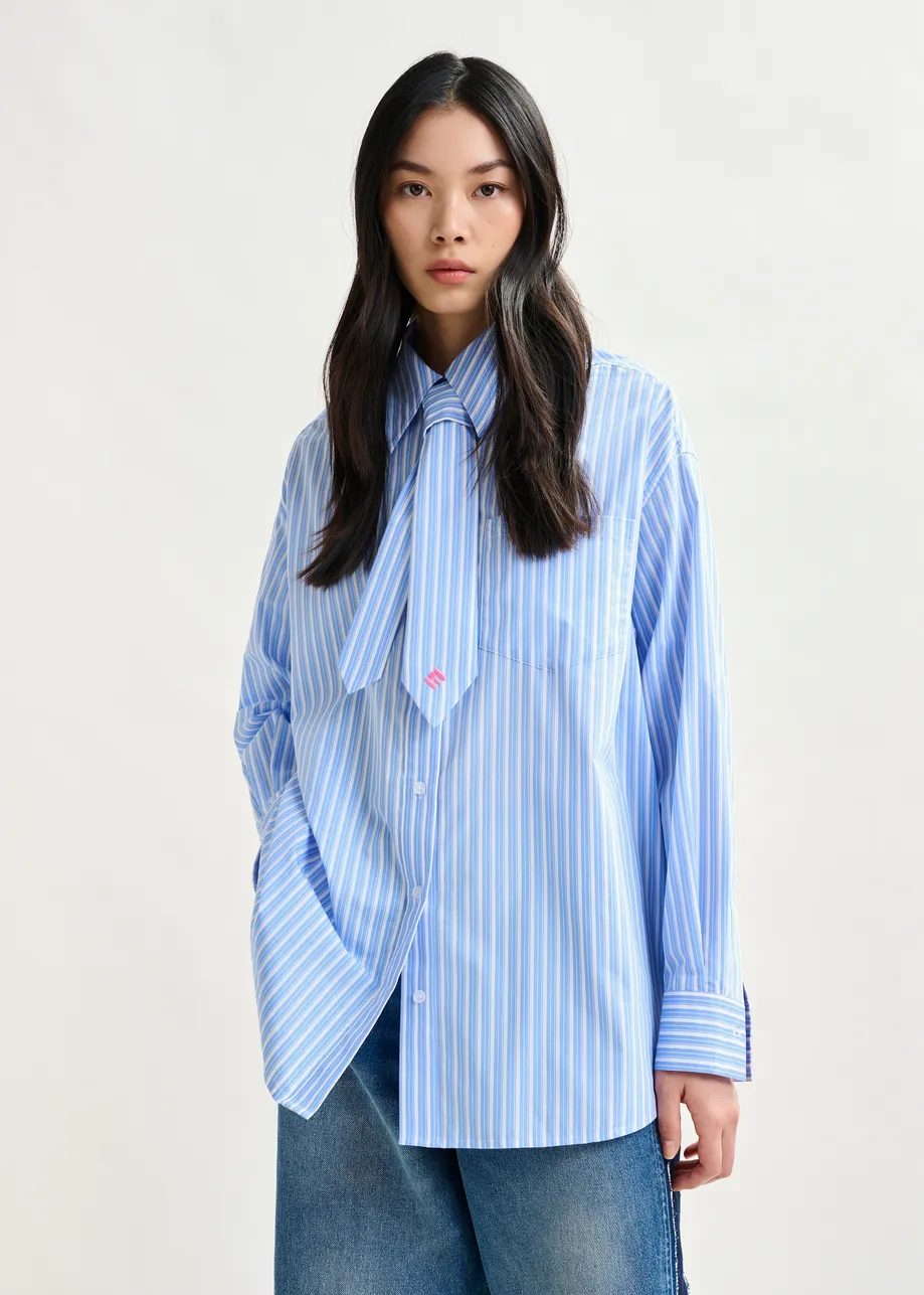 Blue and white striped shirt with removable tie