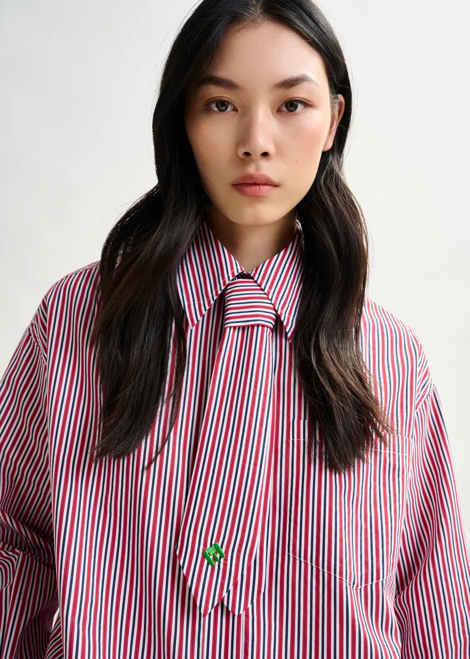 Red, blue and white striped shirt with removable tie