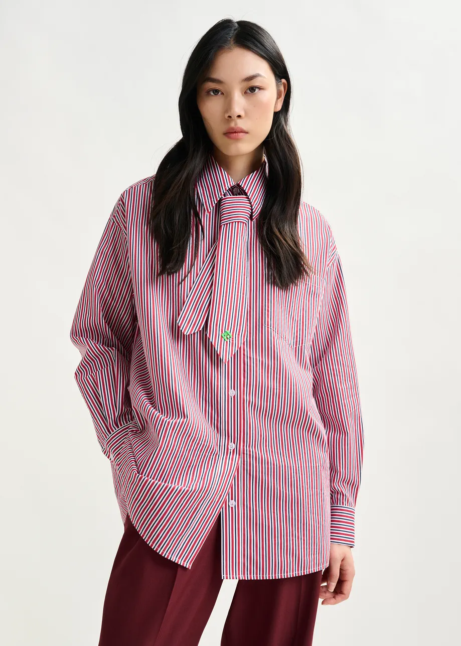 Red, blue and white striped shirt with removable tie