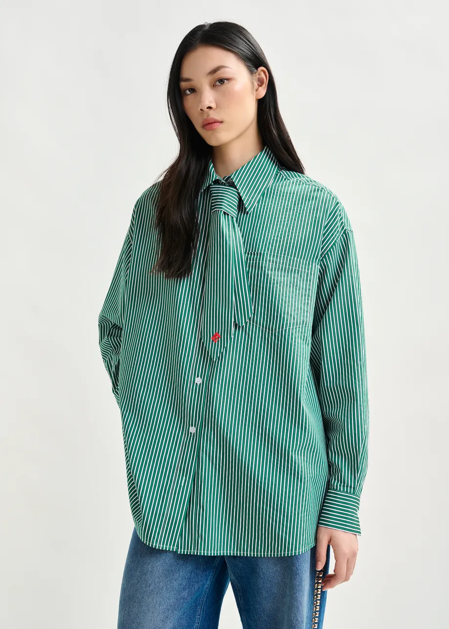 Green and white striped shirt with removable tie