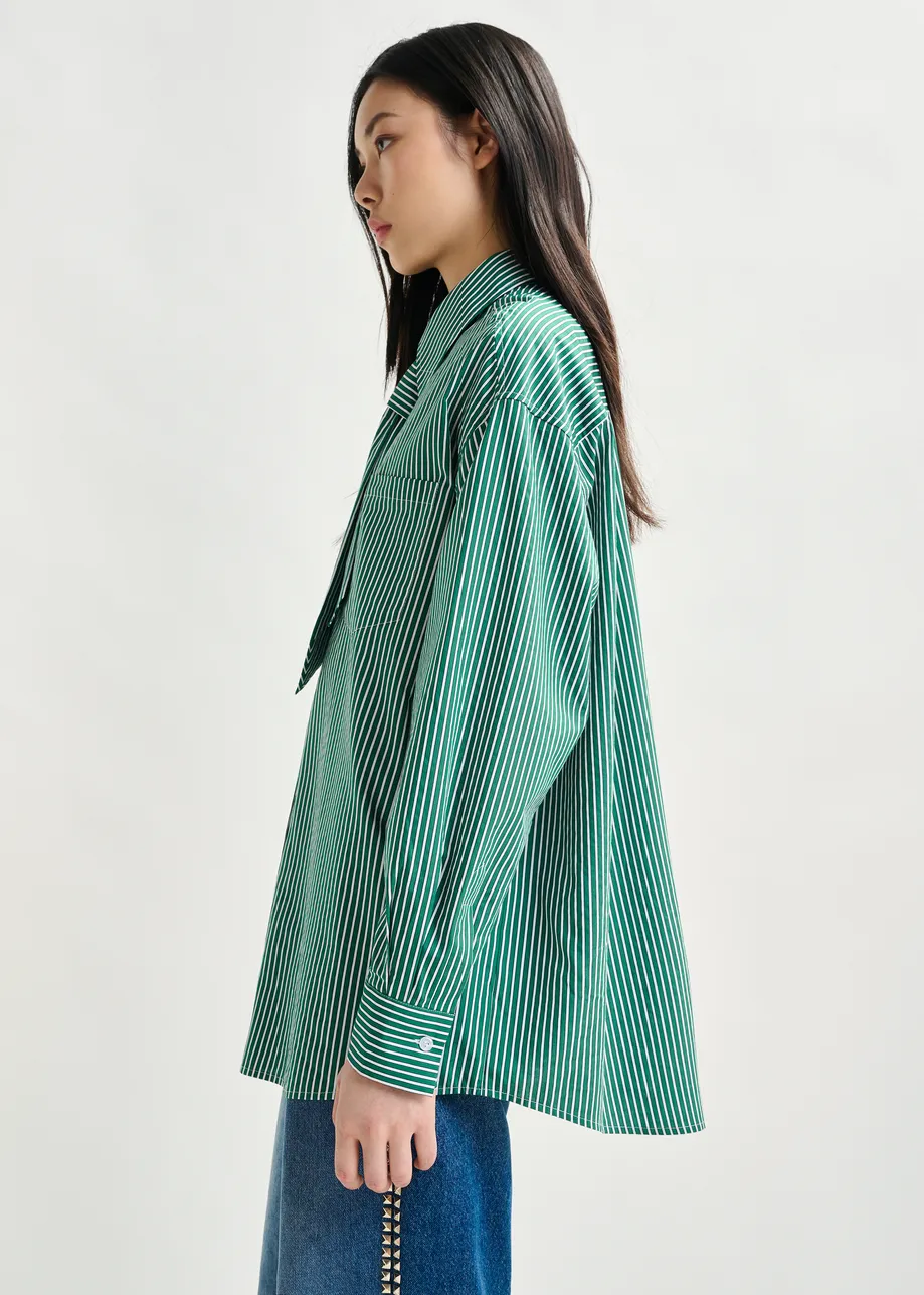 Green and white striped shirt with removable tie