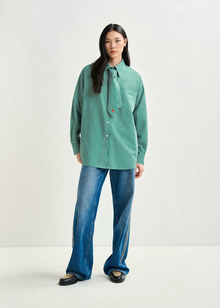 Green and white striped shirt with removable tie