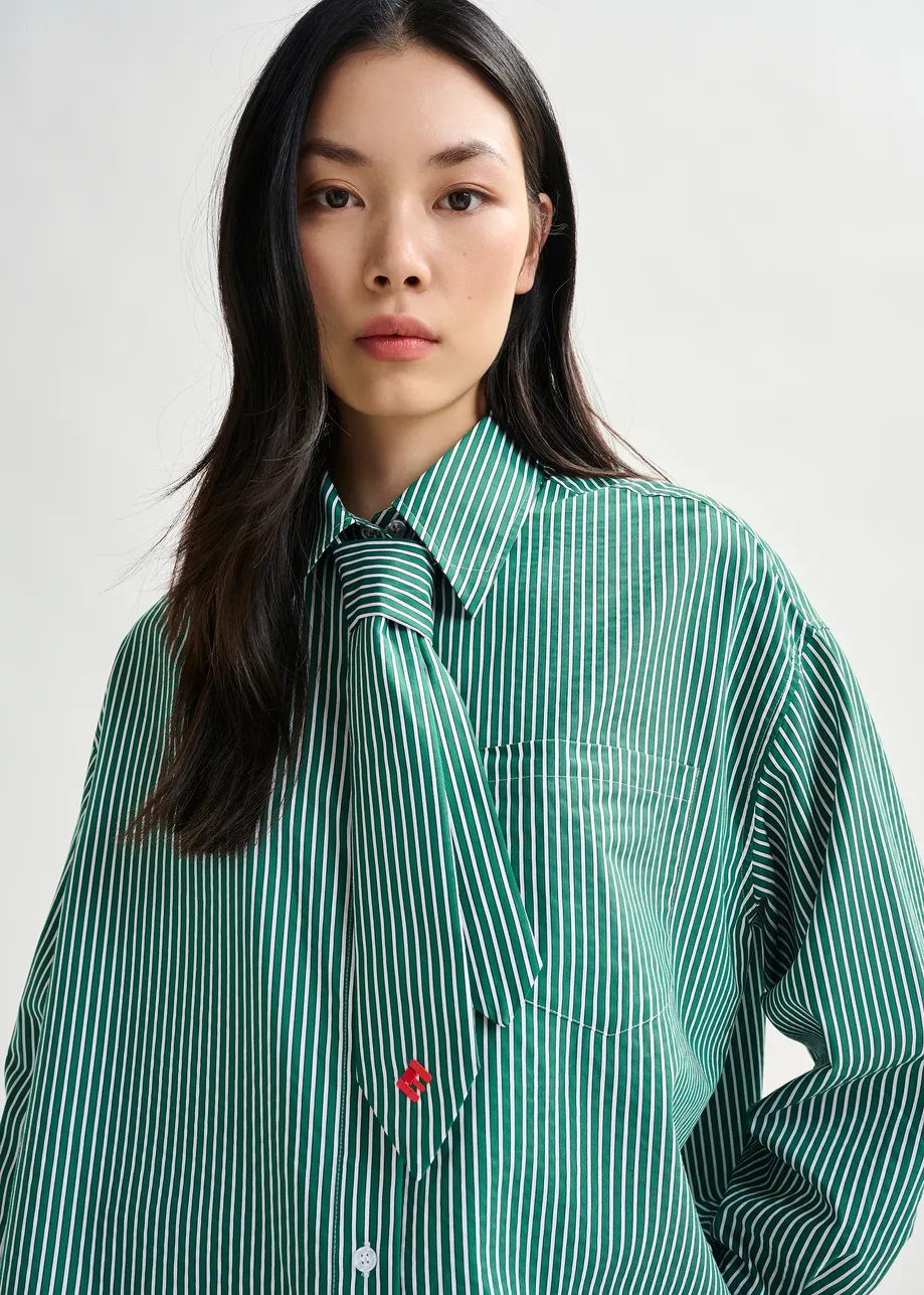 Green and white striped shirt with removable tie