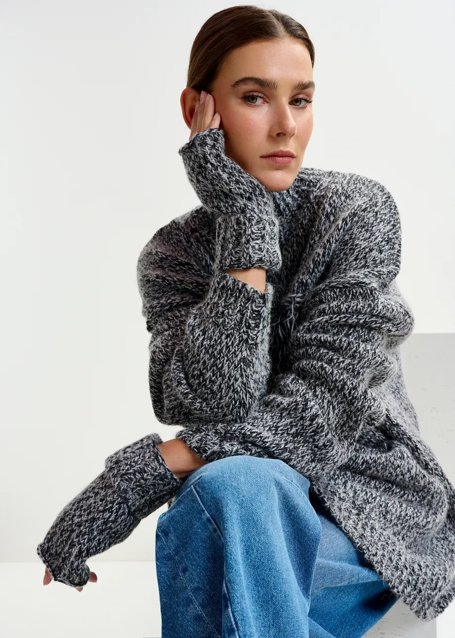 Grey and black wool-blend fingerless gloves