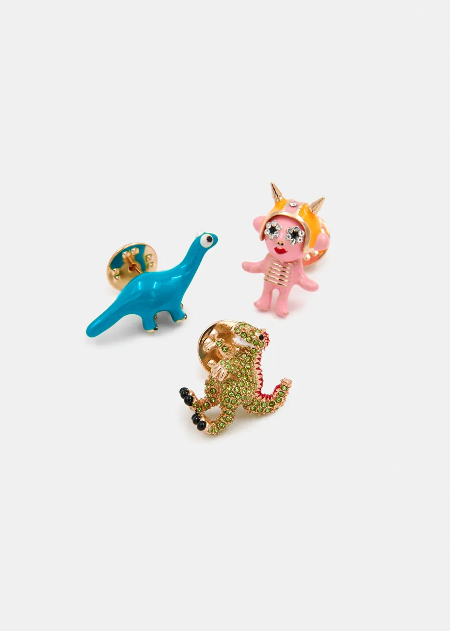Pink, green and blue trio of enamel and rhinestone-encrushed pins
