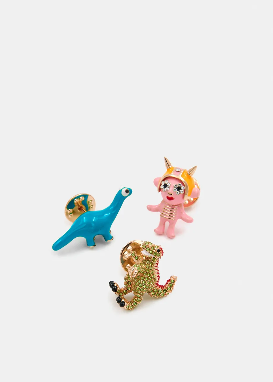 Pink, green and blue trio of enamel and rhinestone-encrushed pins